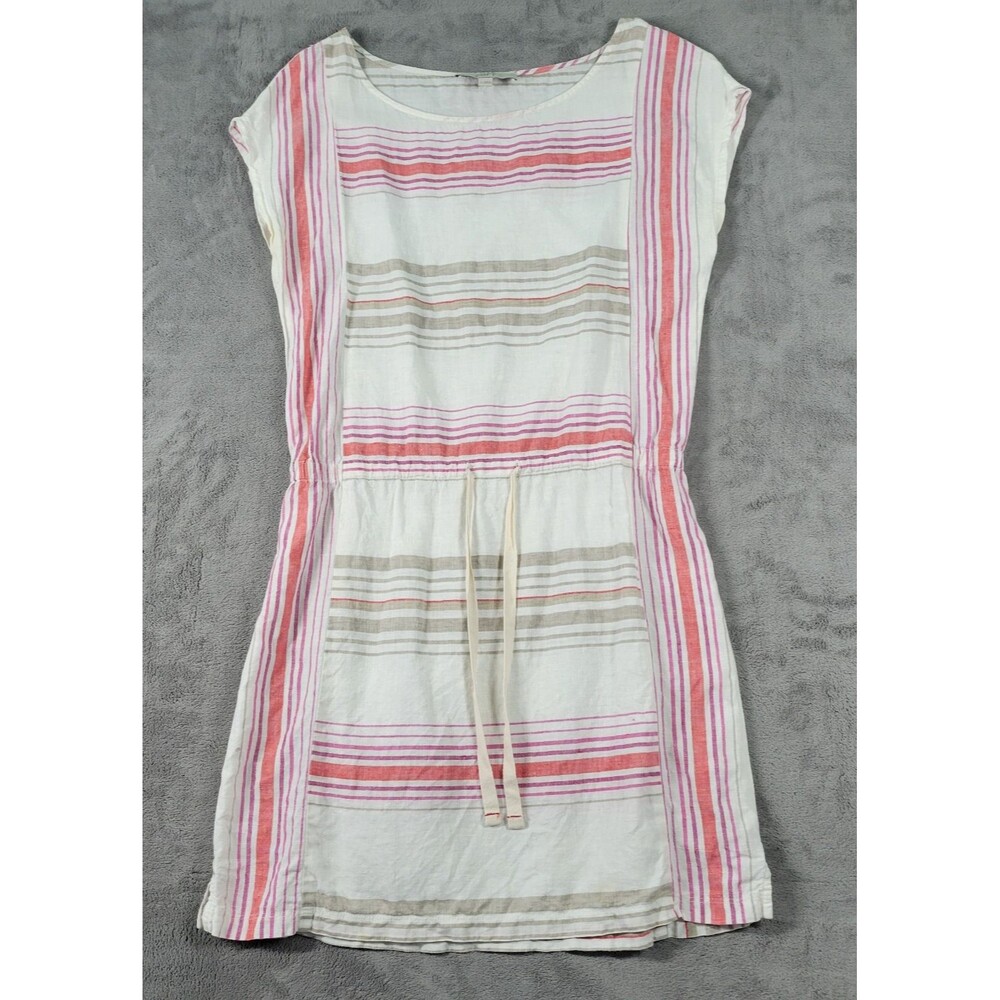 Ann Taylor Loft Blouson Mini Dress Beige Pink Stripe Sz S 100% Linen Drawstring - Picture 1 of 8